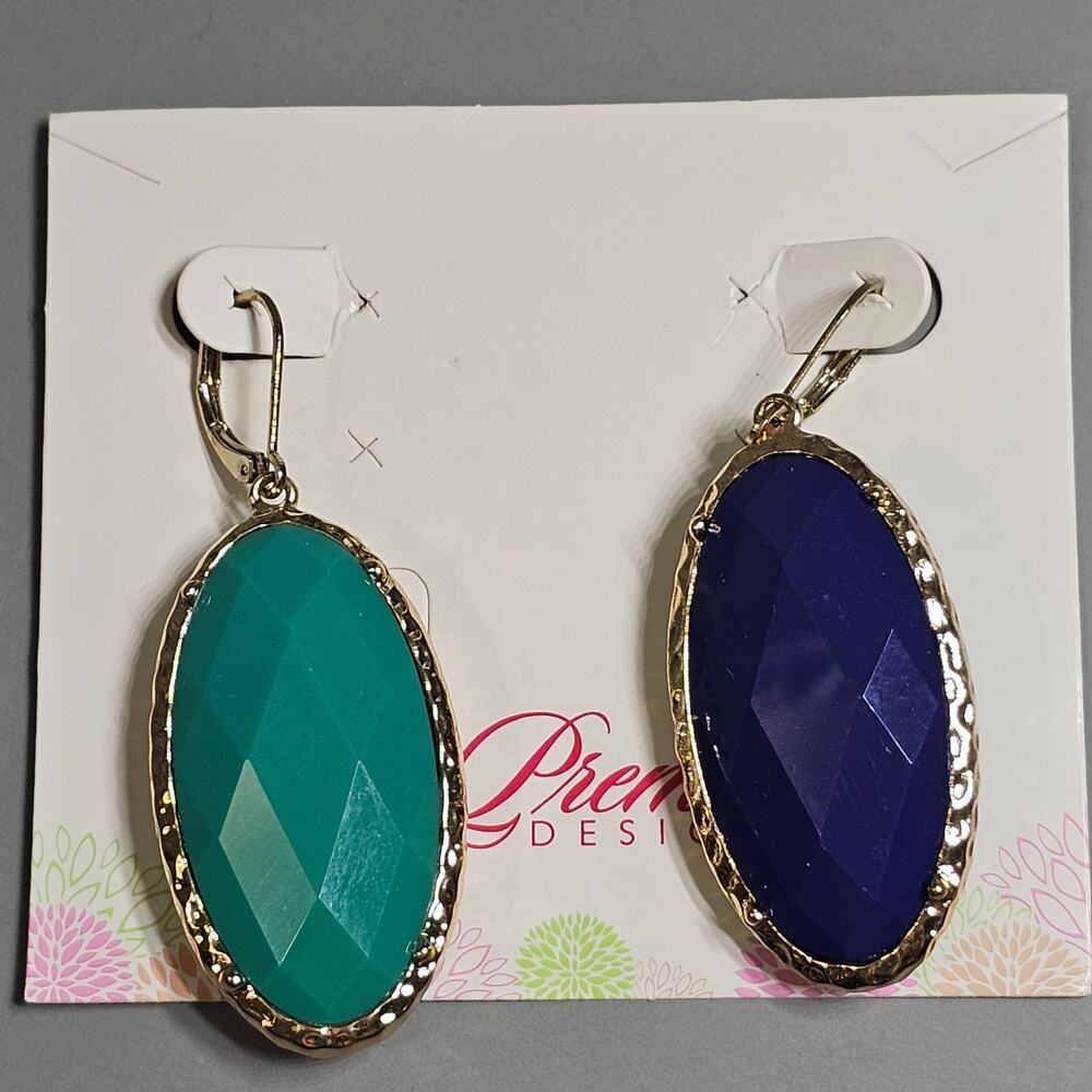 Premier Designs CECE Reversible Cobalt Blue & Green Faceted Earring Goldtone NEW